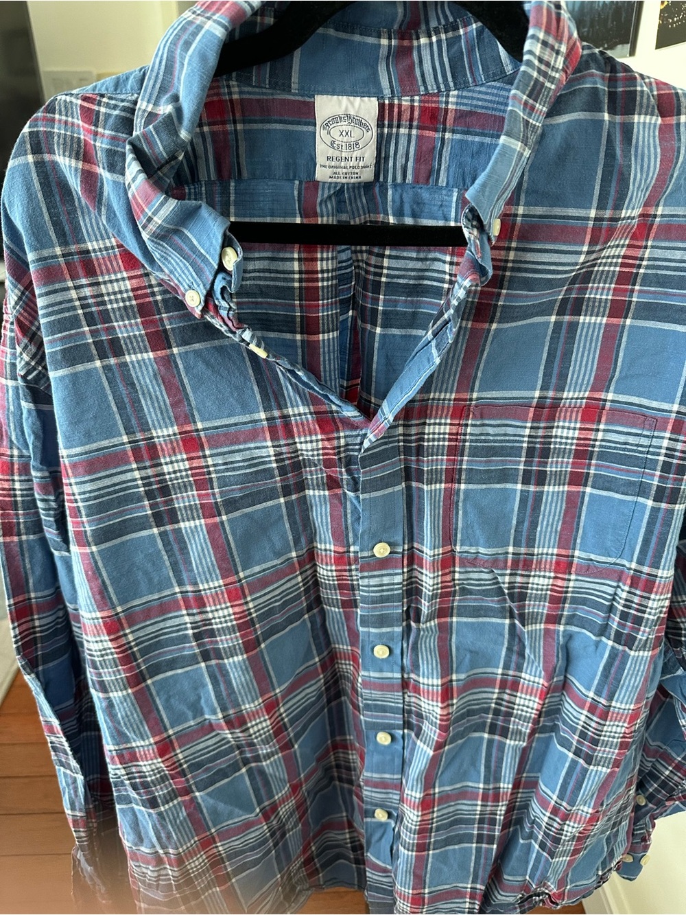 Brooks Brothers Blue Plaid Button-Down Shirt with Red Accents